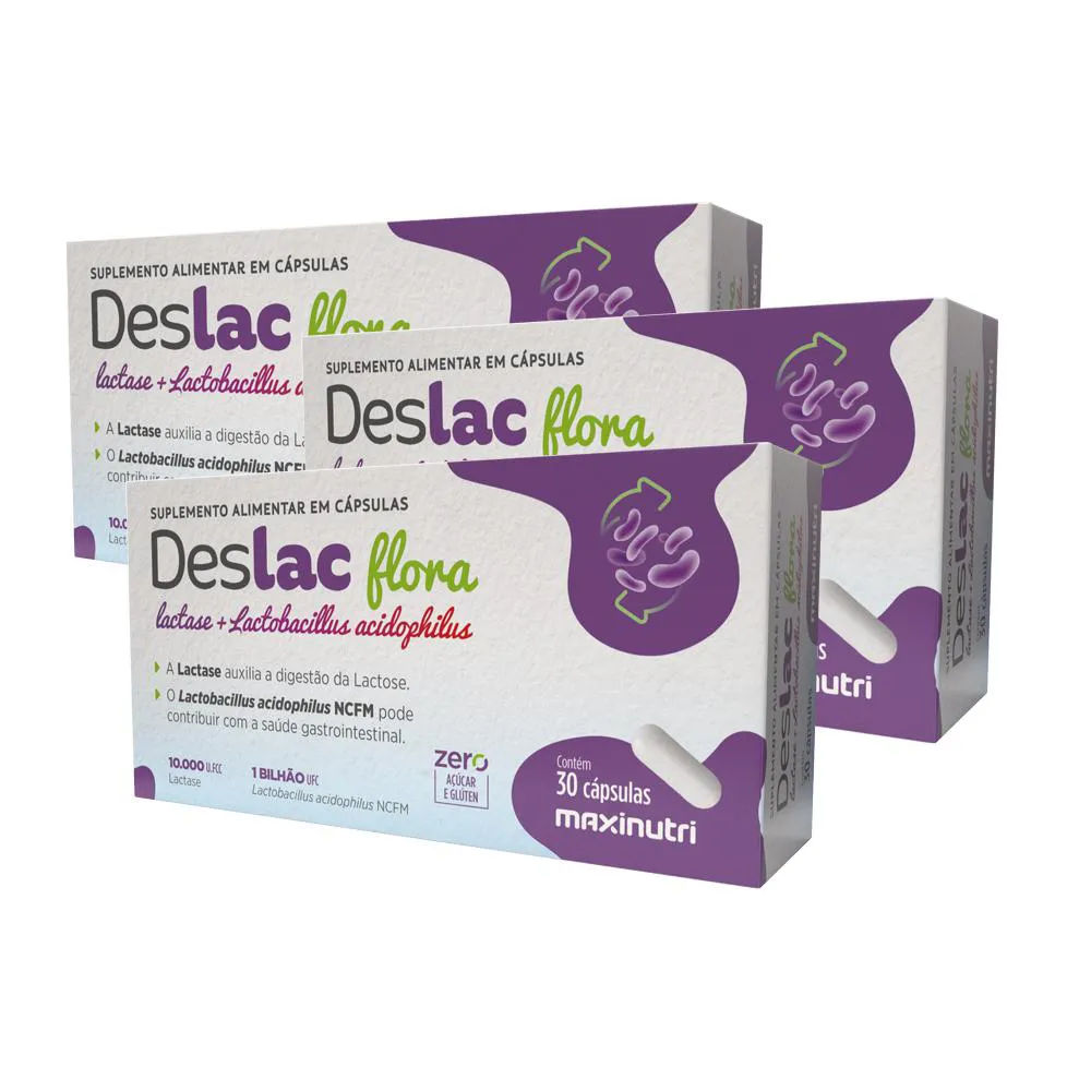KIT 3 DESLAC FLORA LACTASE + LACTOBACILLUS 30 CáPS MAXINUTRI