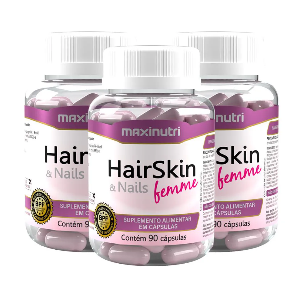 KIT 3 HAIRSKIN FEMME BIOTINA E MINERAIS 90 CAPS MAXINUTRI