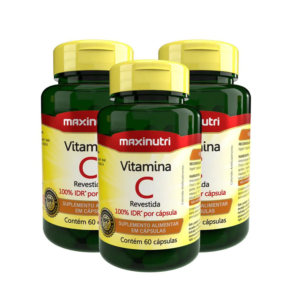 KIT 3 VITAMINAS C REVESTIDA 100% IDR 60 CAPSULAS MAXINUTRI