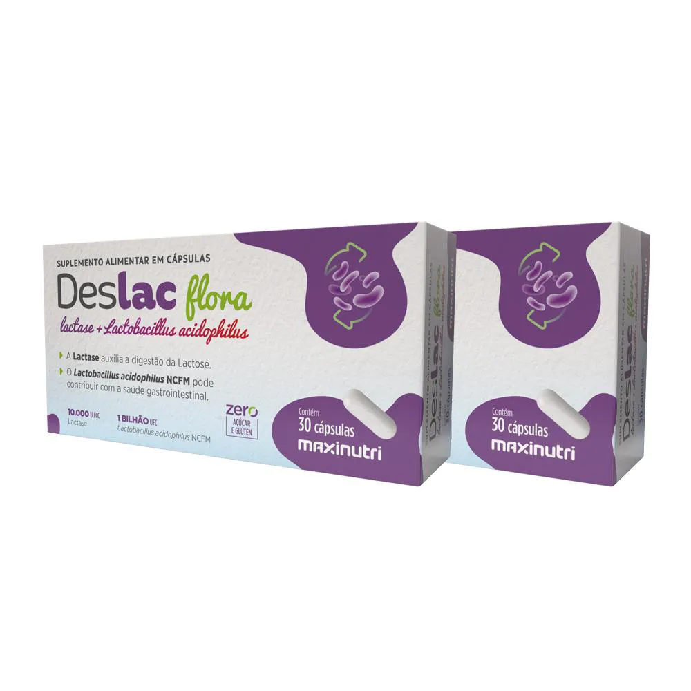 KIT 2 DESLAC FLORA LACTASE + LACTOBACILLUS 30 CáPS MAXINUTRI