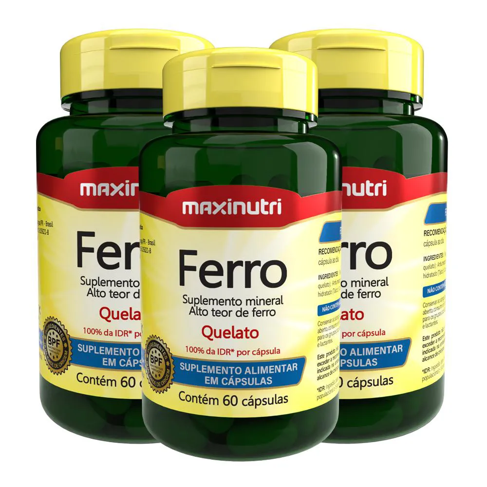 KIT 3 FERRO 100% IDR COM 60 CáPSULAS MAXINUTRI