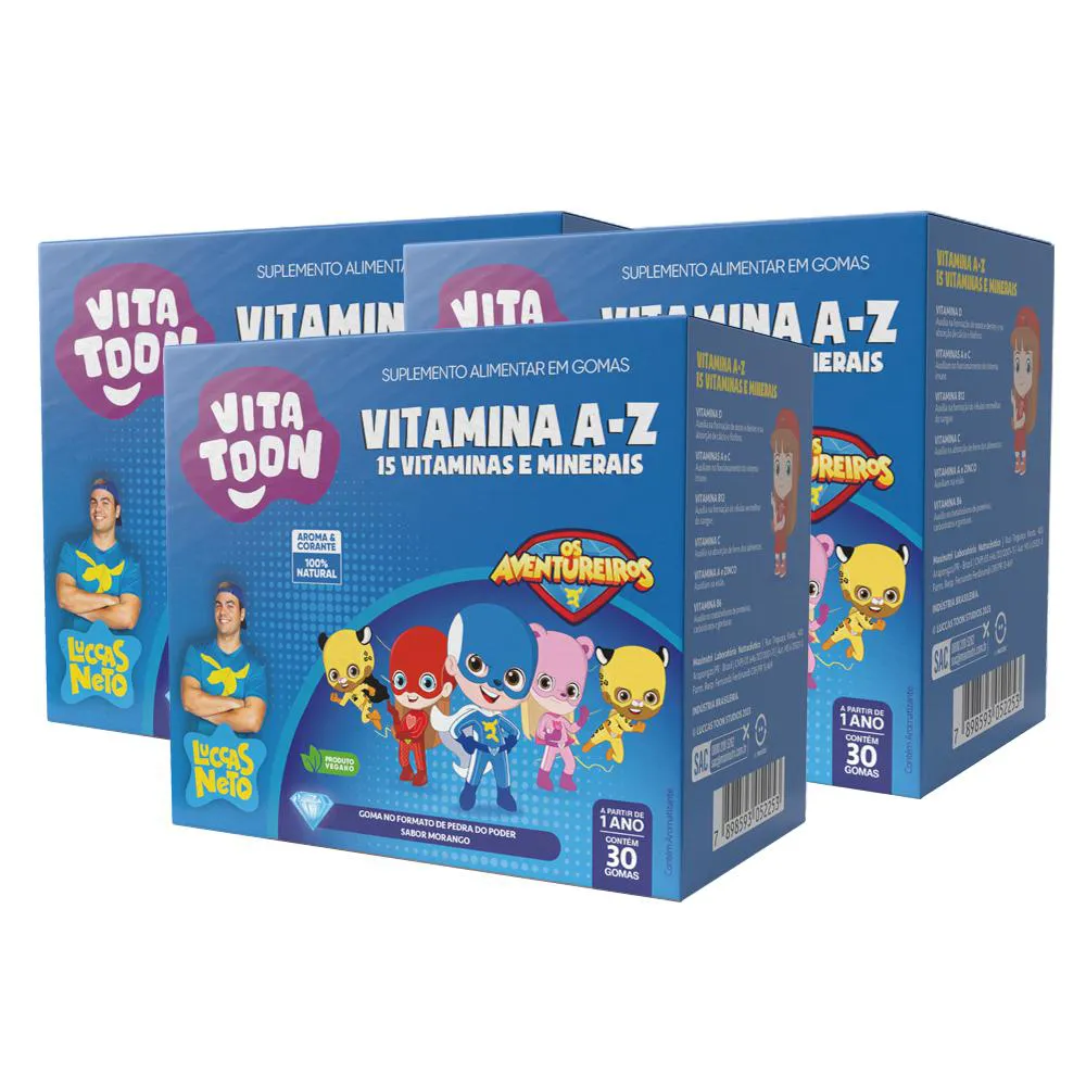 KIT 3 VITATOON LUCCAS NETO POLIVITAMíNICO A-Z MORANGO 30 GOMAS MAXINUTRI