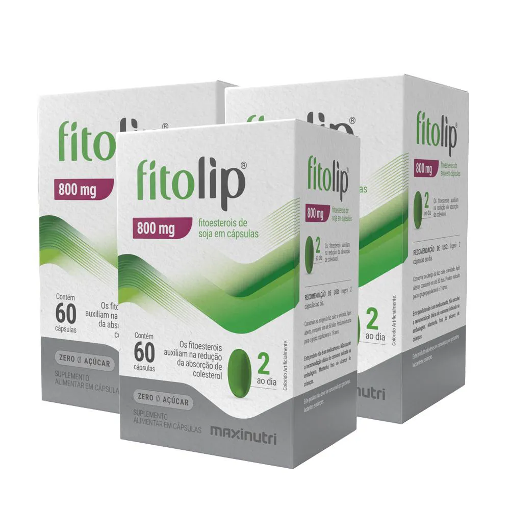 KIT 3 FITOLIP FITOESTEROL DE SOJA 800MG ZERO AçUCAR 60 CAPS MAXINUTRI