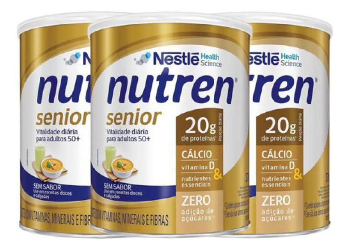 KIT 3 NUTREN SENIOR SUPLEMENTO Pó NESTLé SEM SABOR LATA 370G Dourado
