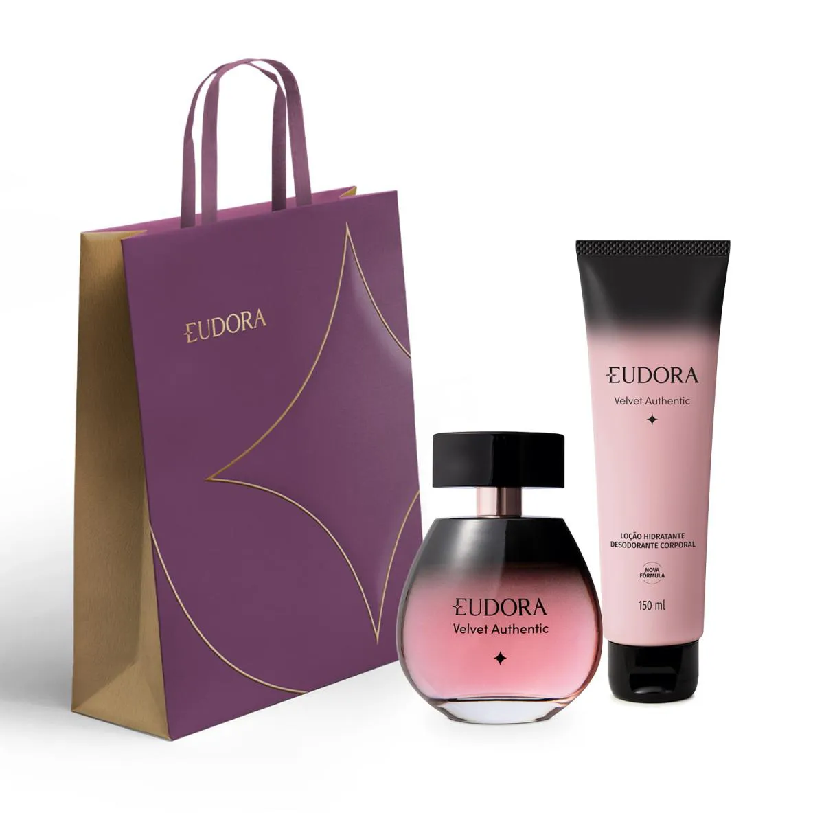 COMBO PRESENTE DE NATAL VELVET AUTHENTIC: DESODORANTE COLôNIA 100ML + LOçãO CORPORAL 150ML + SACOLA