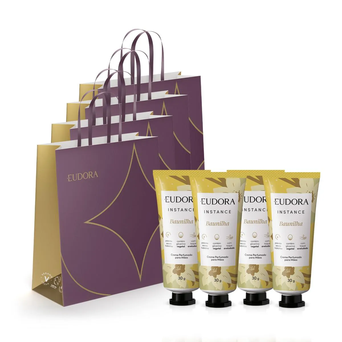 COMBO PRESENTE INSTANCE BAUNILHA: CREME PARA AS MãOS 4X30ML + SACOLAS PRESENTEáVEIS