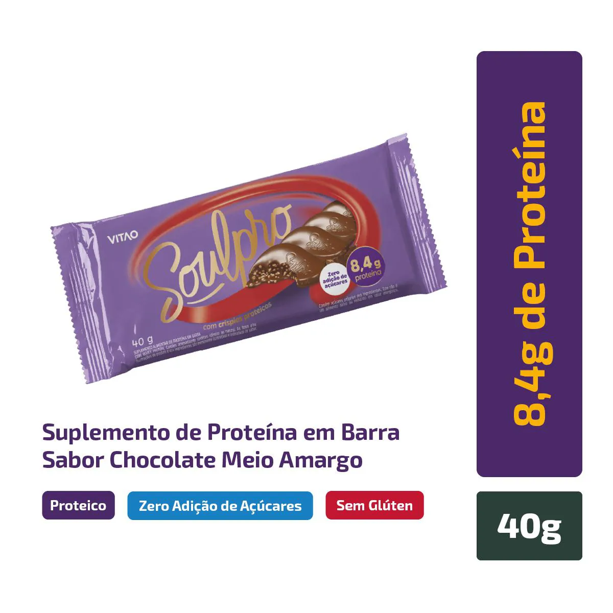CHOCOLATE PROTEICO MEIO AMARGO SOULPRO ZERO 40G Zero Açucar