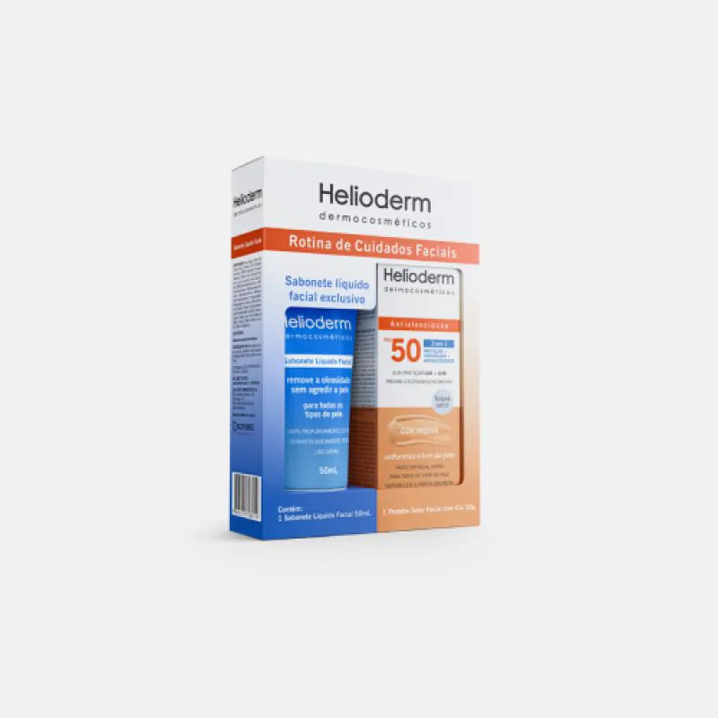 KIT HELIODERM PROTETOR SOLAR FPS 50 COR MÉDIA 50 GRAMAS + SAB LIQUIDO FACIAL 50 ML