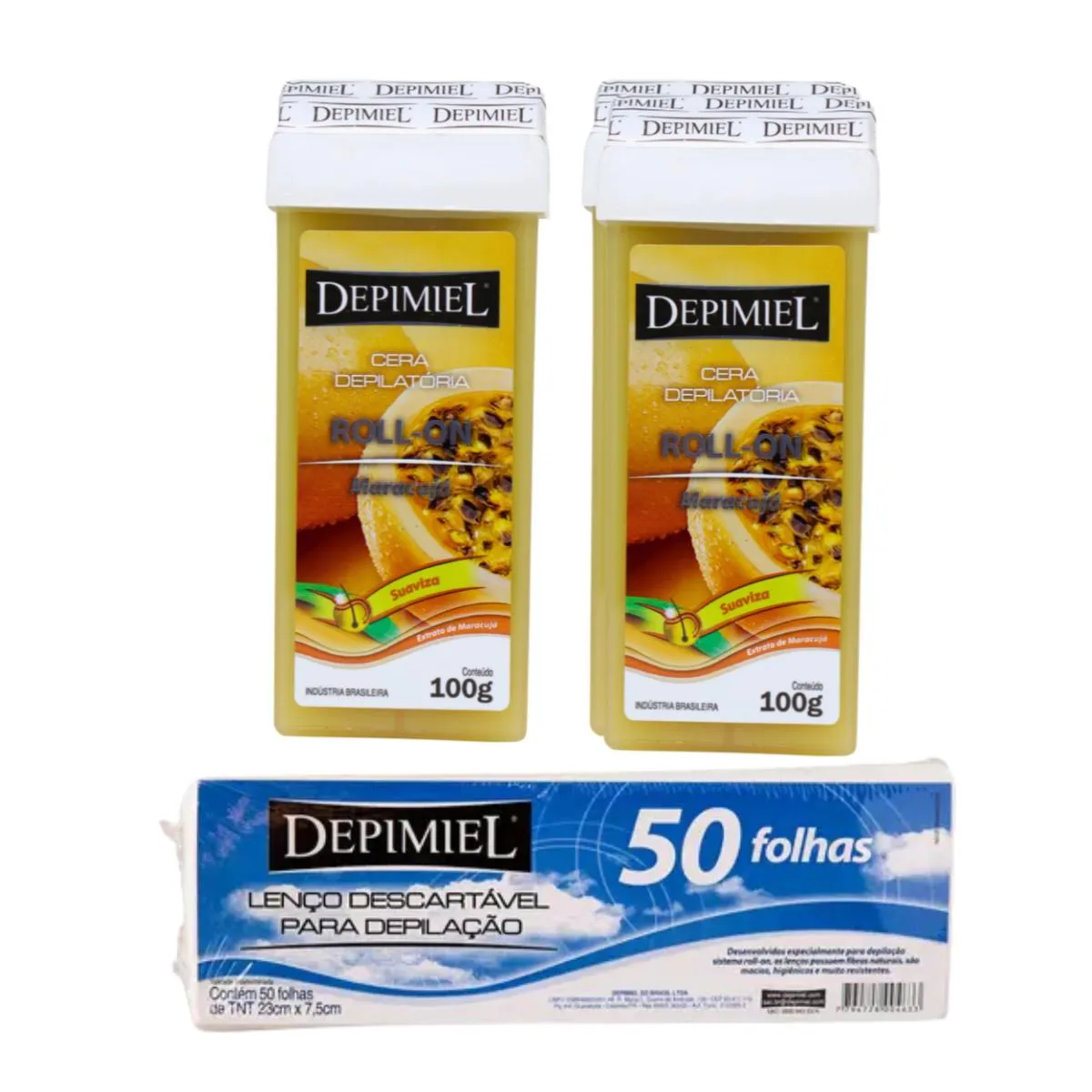 KIT 50 FOLHAS DESCARTáVEL E 2 CERA ROLL-ON MARACUJA DEPIMIEL