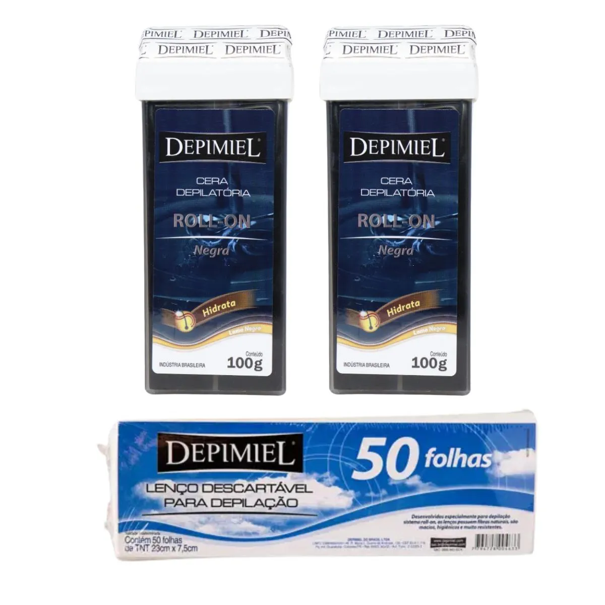 KIT 50 FOLHAS DESCARTáVEL E 2 CERAS ROLL-ON NEGRA DEPIMIEL