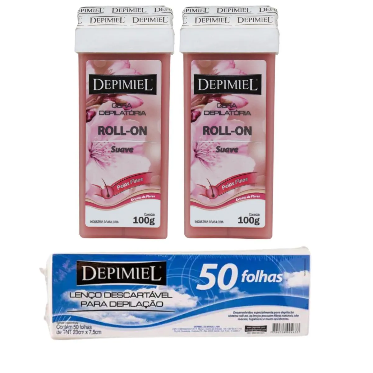 KIT 50 FOLHAS DESCARTáVEL E 2 CERAS ROLL-ON SUAVE DEPIMIEL