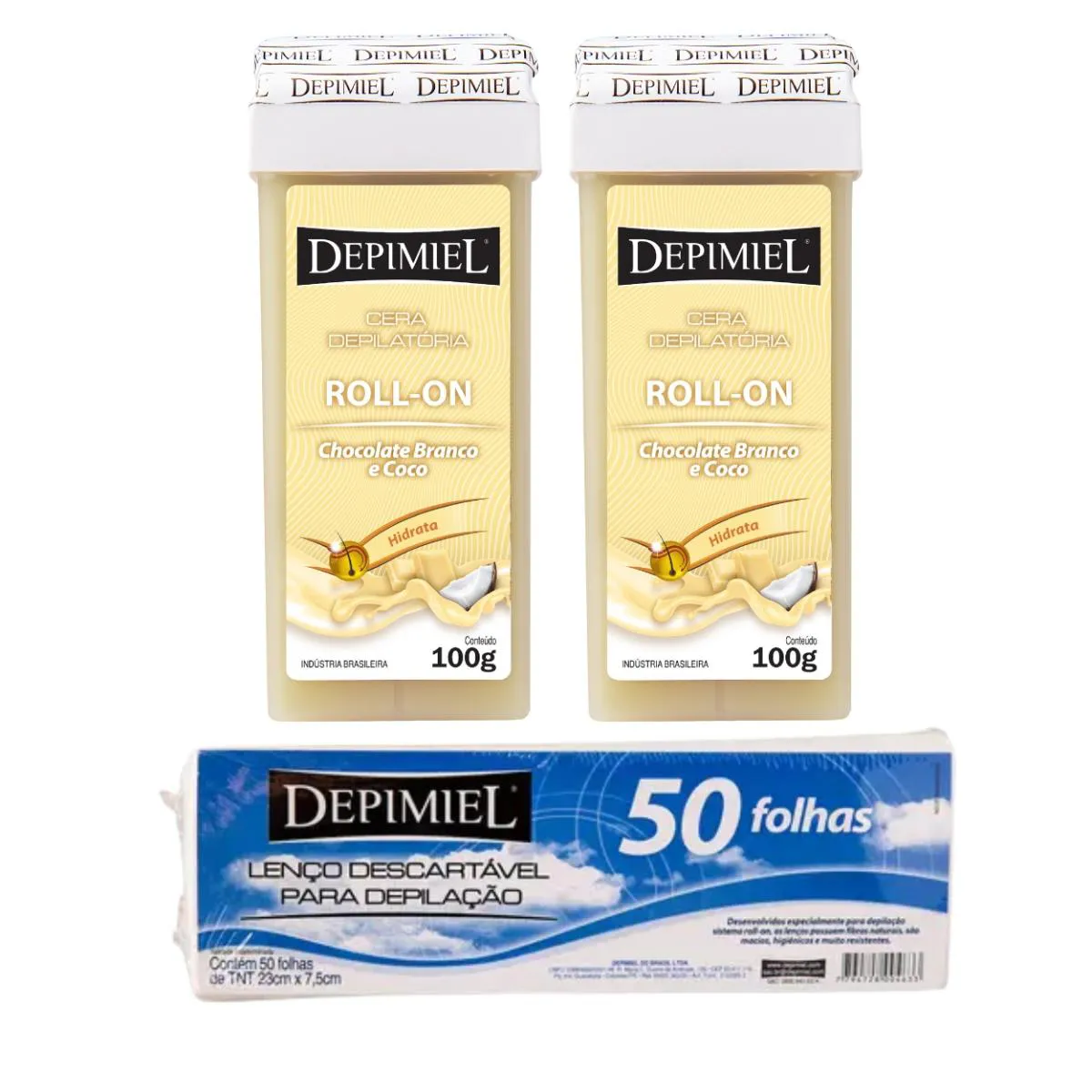 KIT 50 FOLHA 2 CERA ROLL-ON CHOCOLATE BRANCO E COCO DEPIMIEL