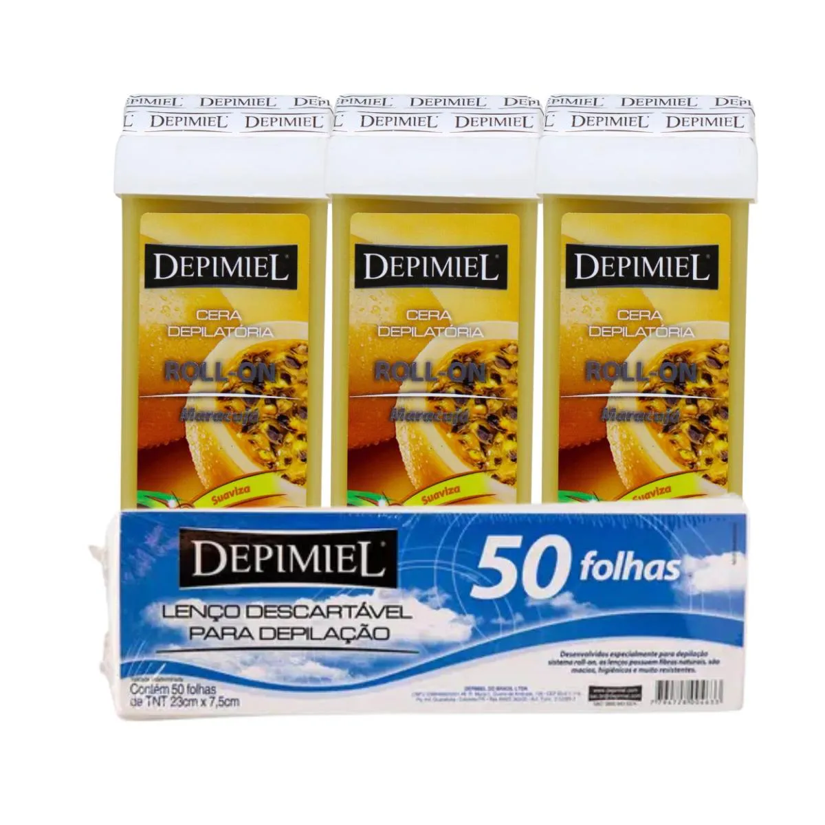 KIT 50 FOLHAS DESCARTáVEL E 3 CERA ROLL-ON MARACUJA DEPIMIEL