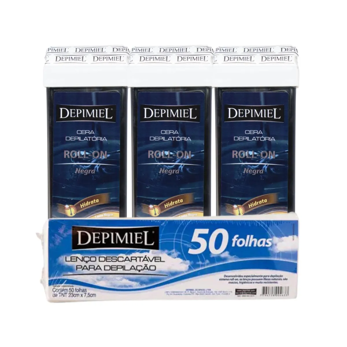 KIT 50 FOLHAS DESCARTáVEL E 3 CERAS ROLL-ON NEGRA DEPIMIEL