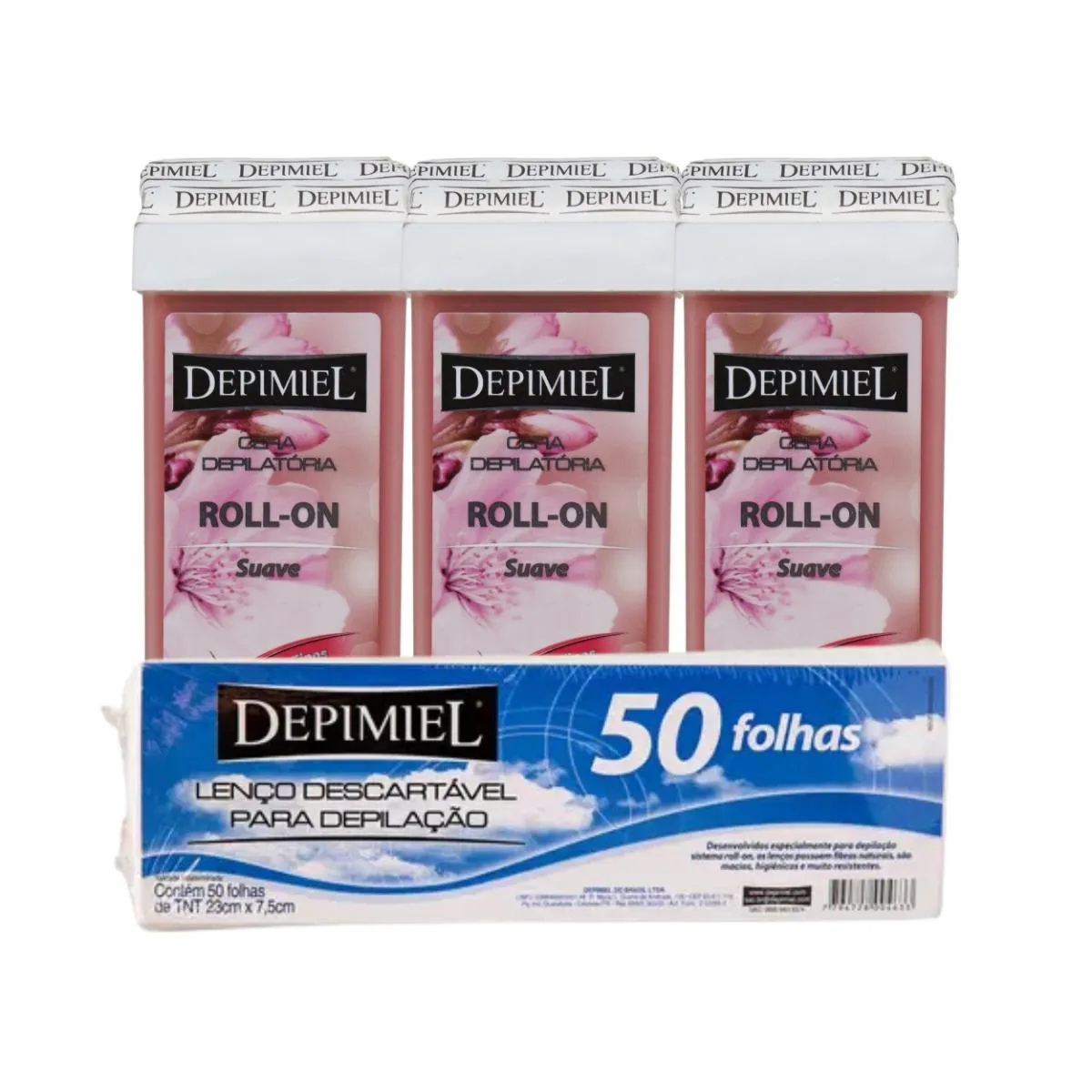 KIT 50 FOLHAS DESCARTáVEL E 3 CERAS ROLL-ON SUAVE DEPIMIEL