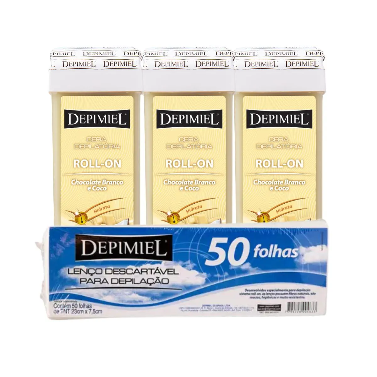 KIT 50 FOLHA 3 CERA ROLL-ON CHOCOLATE BRANCO E COCO DEPIMIEL