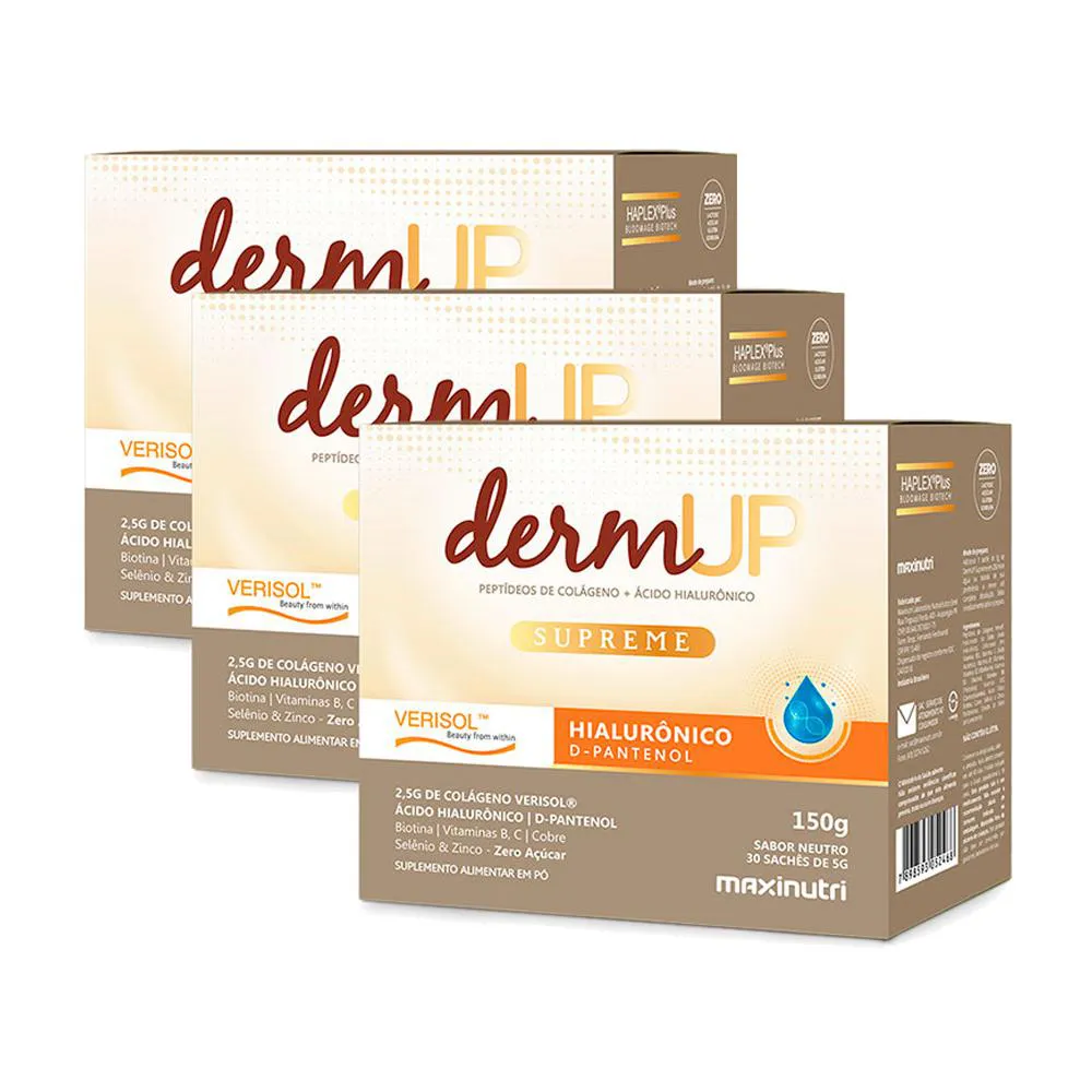 KIT 3 DERMUP COLáGENO VERISOL COM ACIDO HIALURôNICO + D-PANTENOL 30 SACHES MAXINUTRI