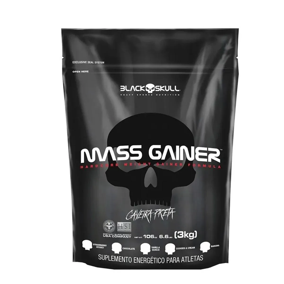 MASS GAINER REFIL 3KG SABOR MORANGO  - MASSA HIPERCALóRICO - BLACK SKULL CAVEIRA PRETA 3 KG