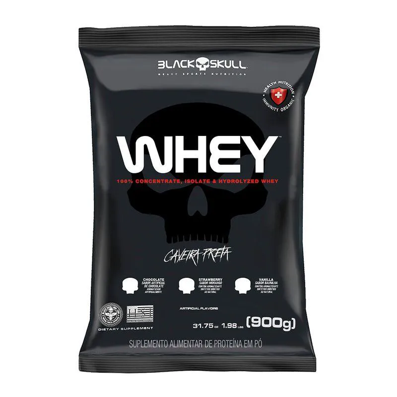 WHEY PROTEIN SABOR MORANGO - REFIL 900G ISOLADO CONCENTRADO HIDROLISADO - BLACK SKULL CAVEIRA PRETA 900 G