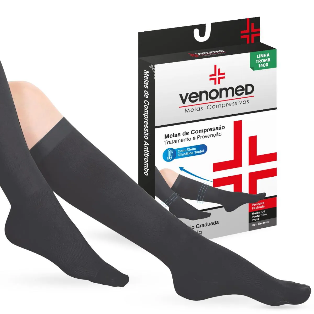 MEIAS COMPRESSÃO 20 A 30MMHG FECHADA 3/4 VENOMED TROMB1400 COR PRETO TAMANHO P