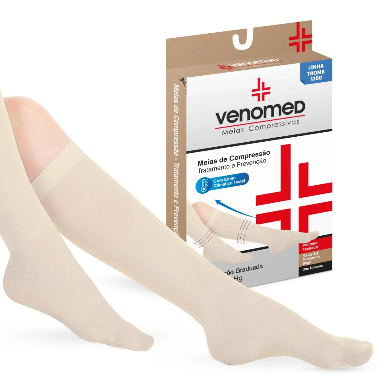 MEIAS COMPRESSÃO 20 A 30MMHG FECHADA 3/4 VENOMED TROMB1200 TAMANHO:GG;COR:BEGE