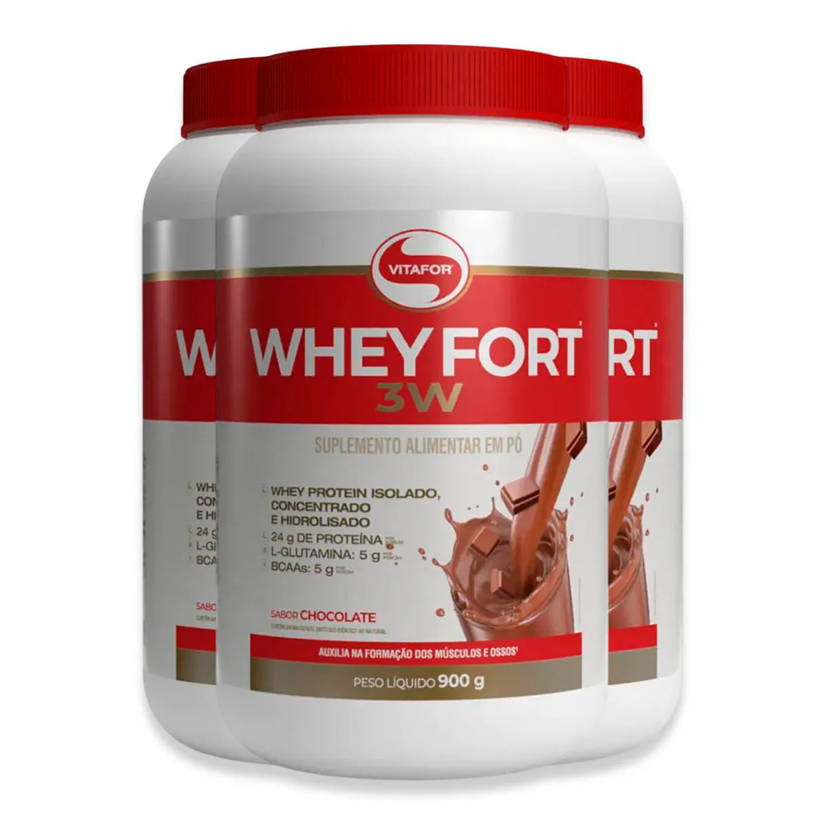 KIT 3 WHEY FORT 3W VITAFOR CHOCOLATE 900G