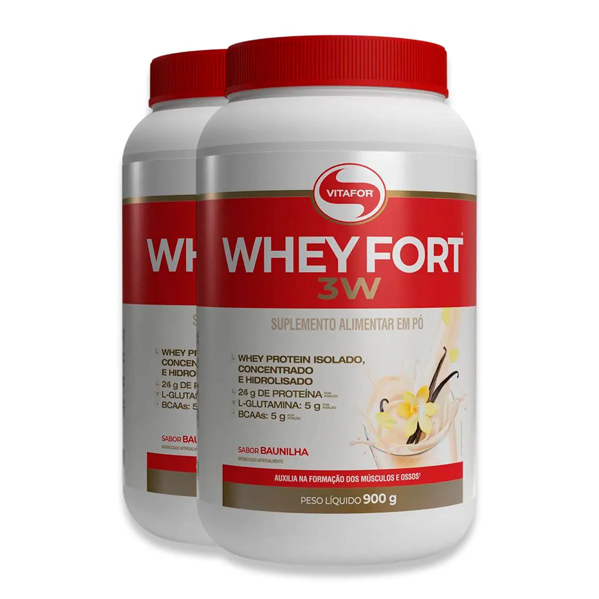 KIT 2 WHEY FORT 3W VITAFOR BAUNILHA 900G