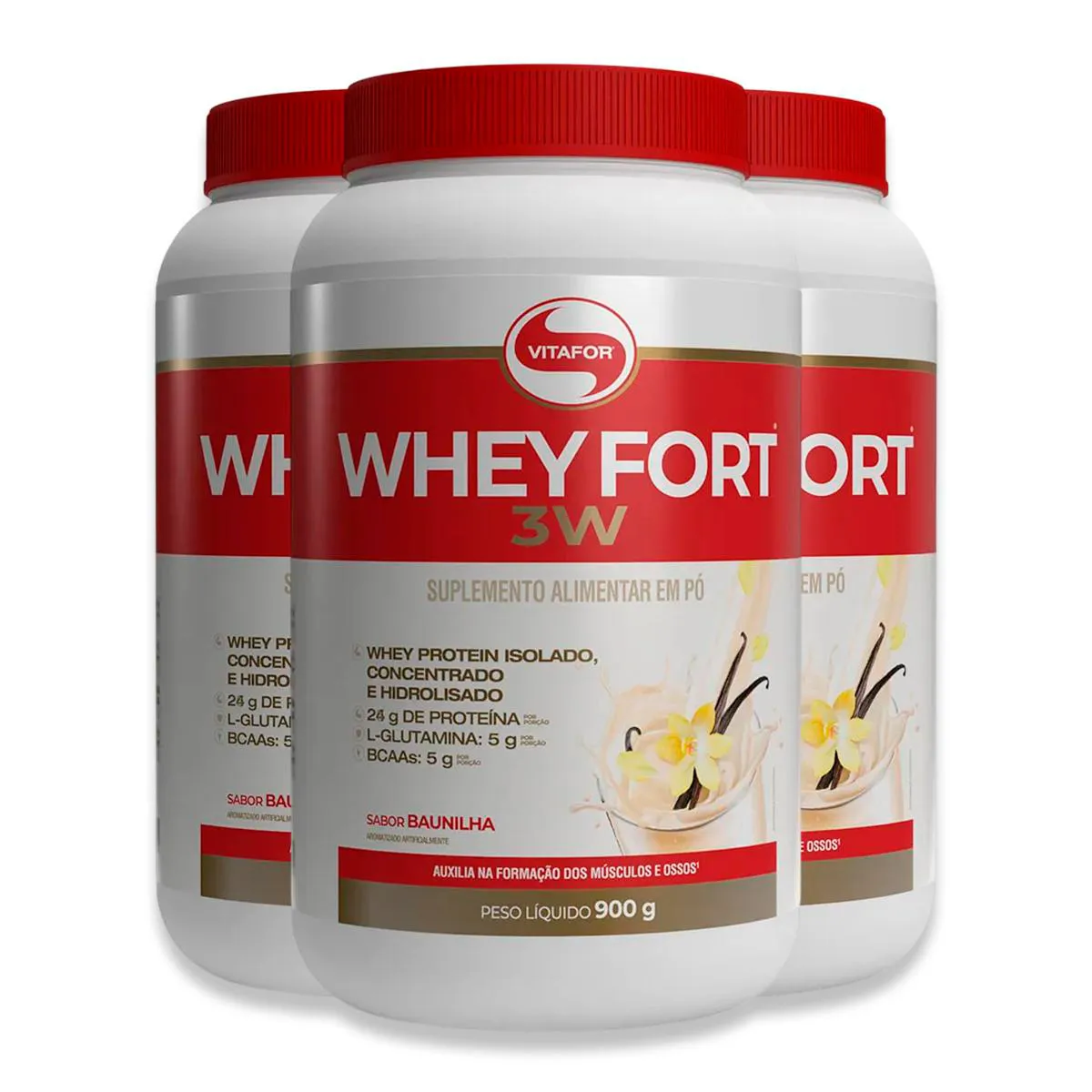 KIT 3 WHEY FORT 3W VITAFOR BAUNILHA 900G