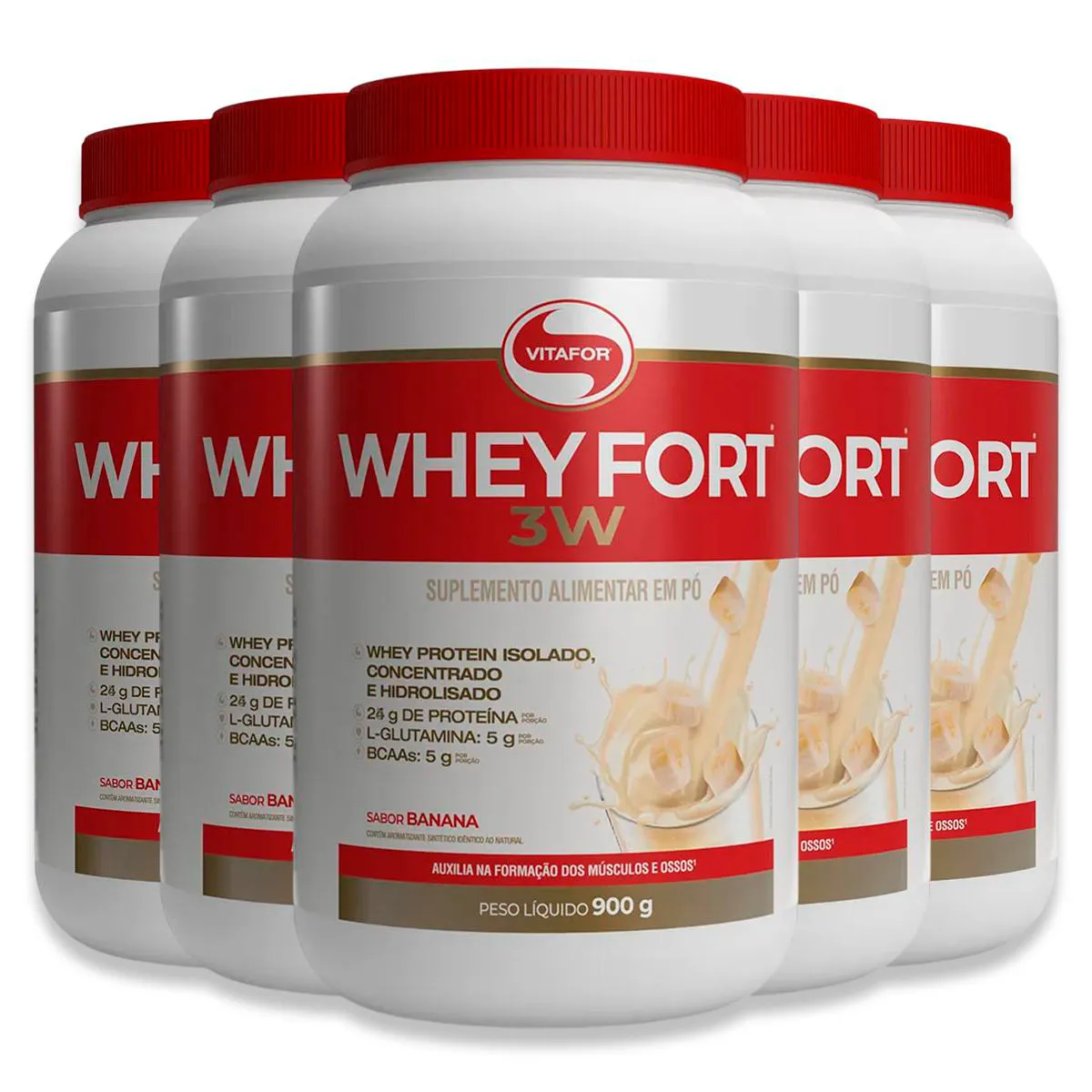 KIT 5 WHEY FORT 3W VITAFOR BANANA 900G