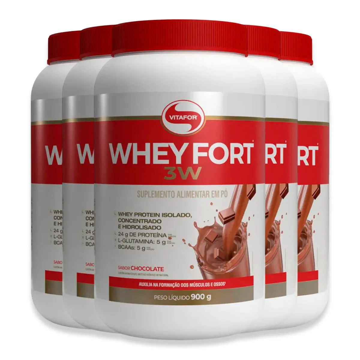 KIT 5 WHEY FORT 3W VITAFOR CHOCOLATE 900G