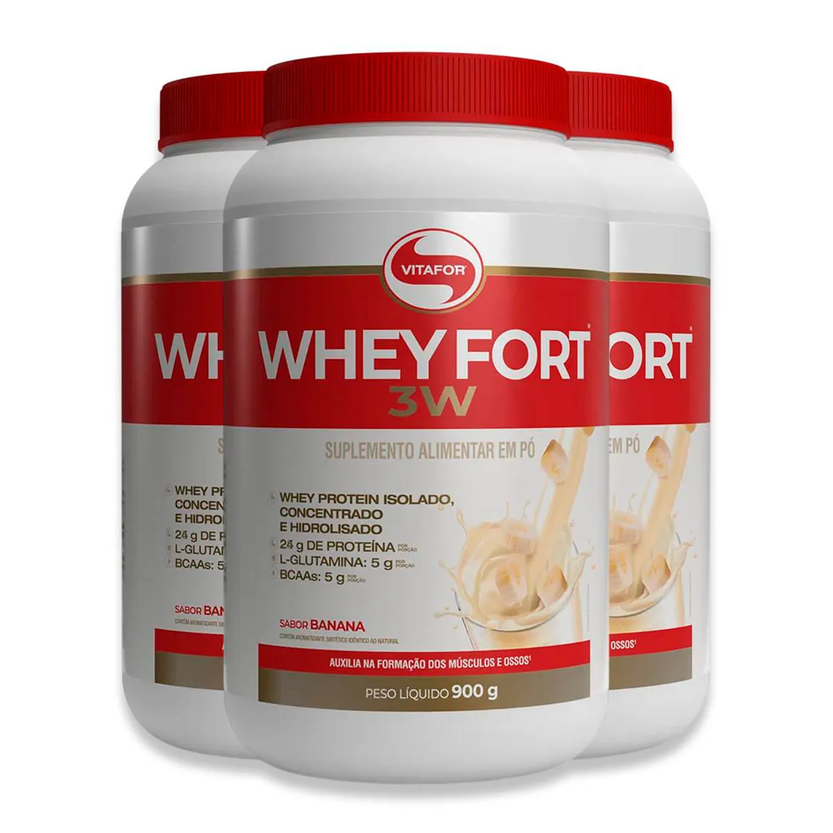 KIT 3 WHEY FORT 3W VITAFOR BANANA 900G