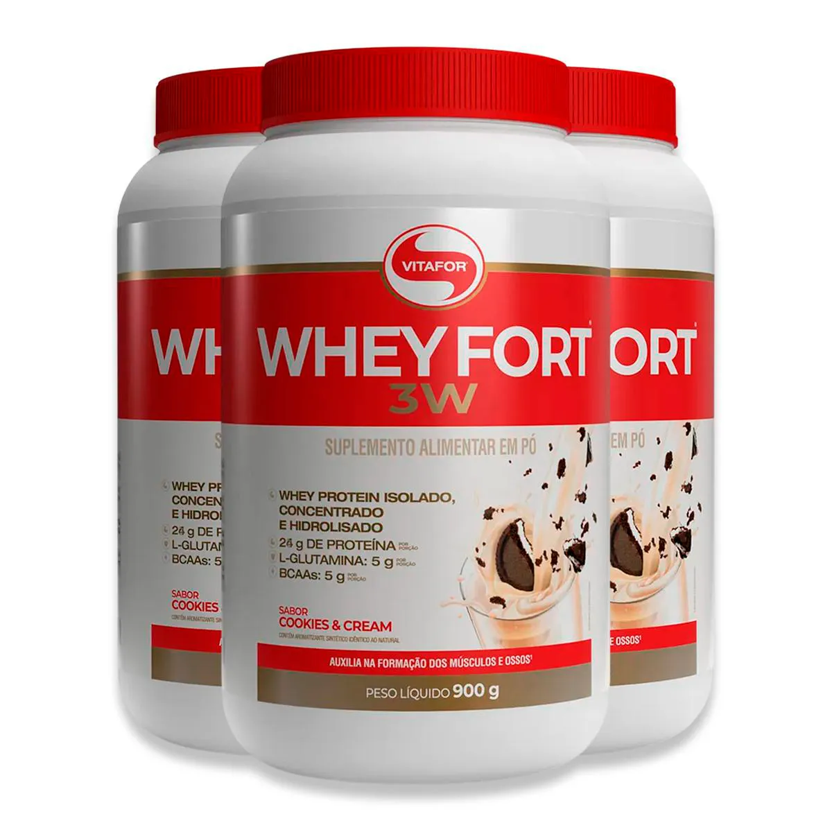 Kit 3 Whey Fort 3W Vitafor Cookies & Cream 900G