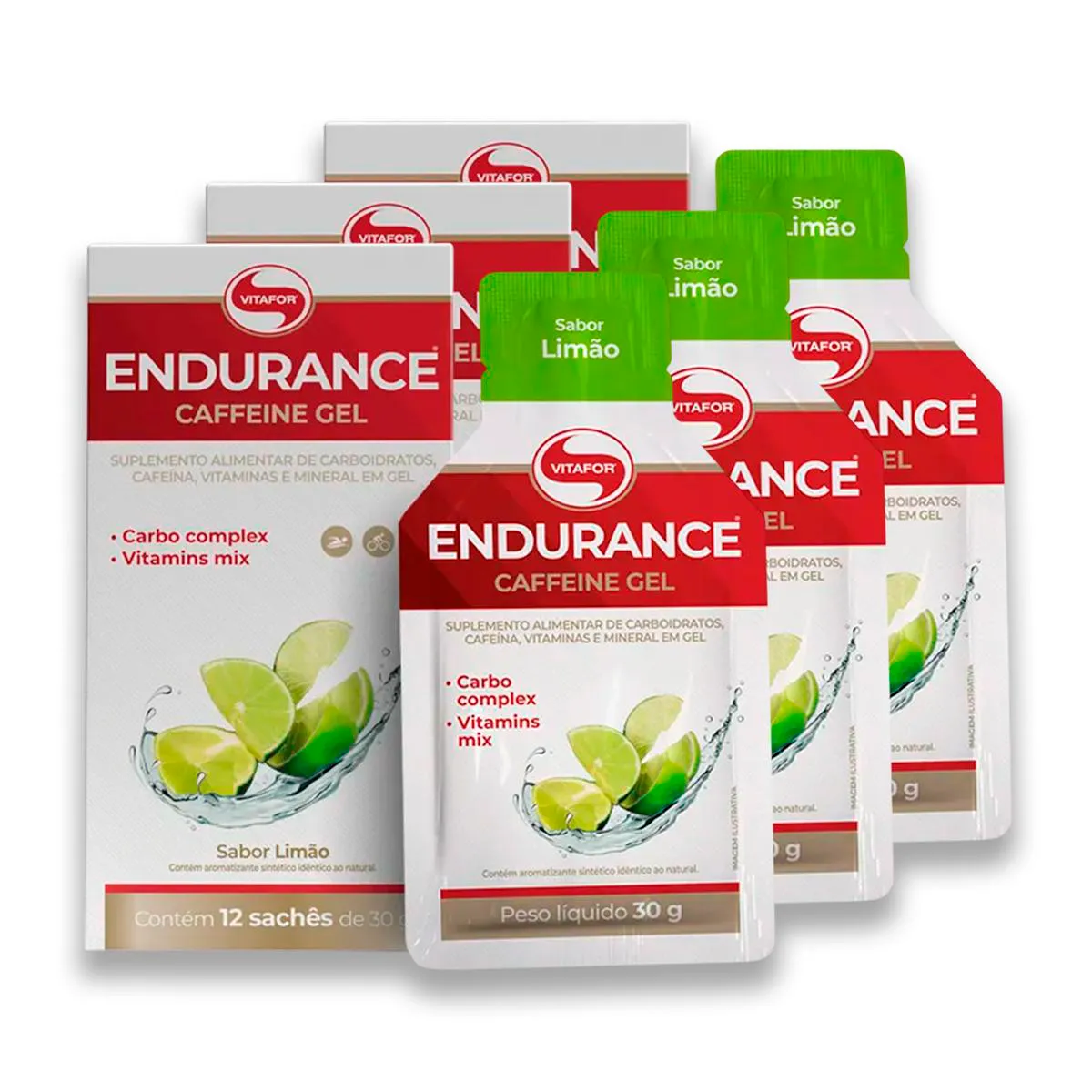 KIT 3 ENDURANCE CAFFEINE GEL VITAFOR CAIXA 12 SACHêS LIMãO