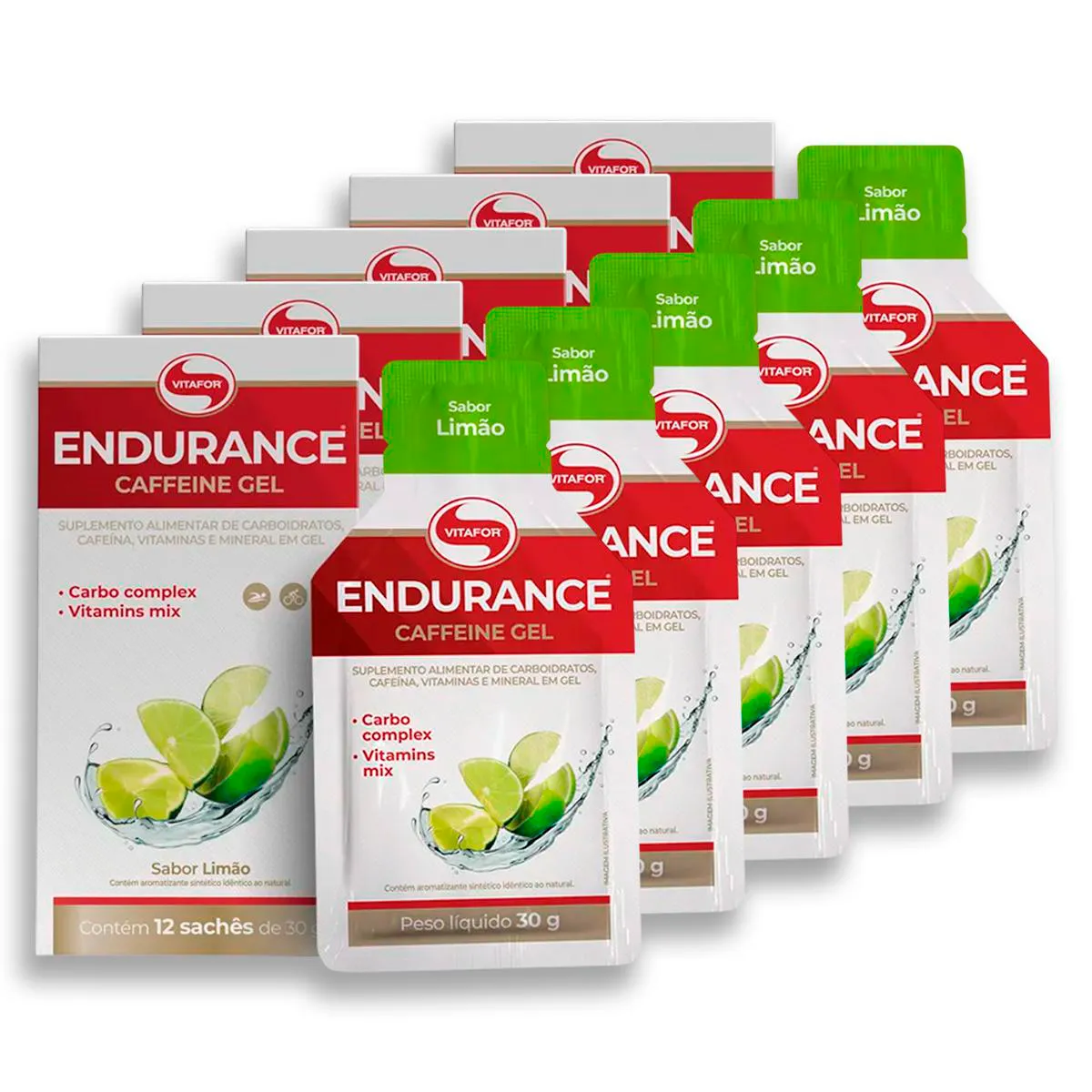 KIT 5 ENDURANCE CAFFEINE GEL VITAFOR CAIXA 12 SACHêS LIMãO