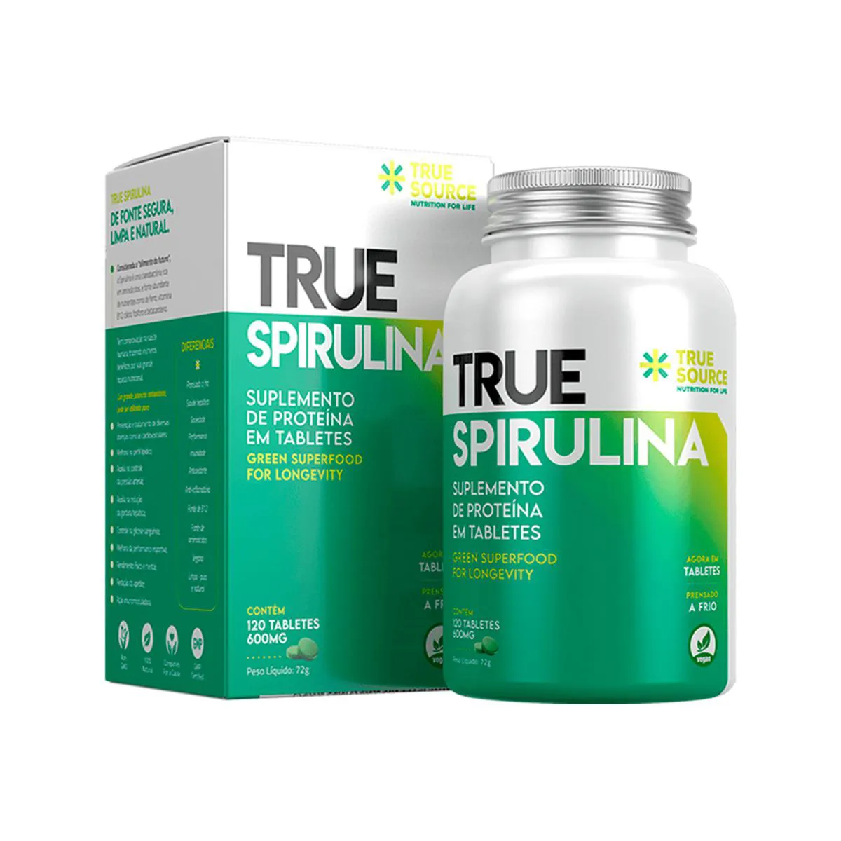 SUPLEMENTO ALIMENTAR SPIRULINA 600MG 120 TABLETES TRUE SOURCE
