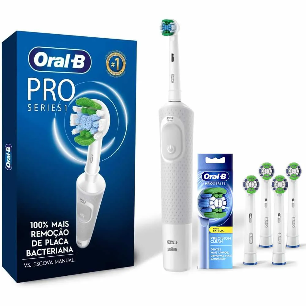 ESCOVA DE DENTE ELéTRICA RECARREGáVEL PRO SERIES 1 100 VITALITY ORAL-B 110V E KIT DE REFIL ESCOVA ELéTRICA PRO SERIES PRECISION CLEAN 4UNDS