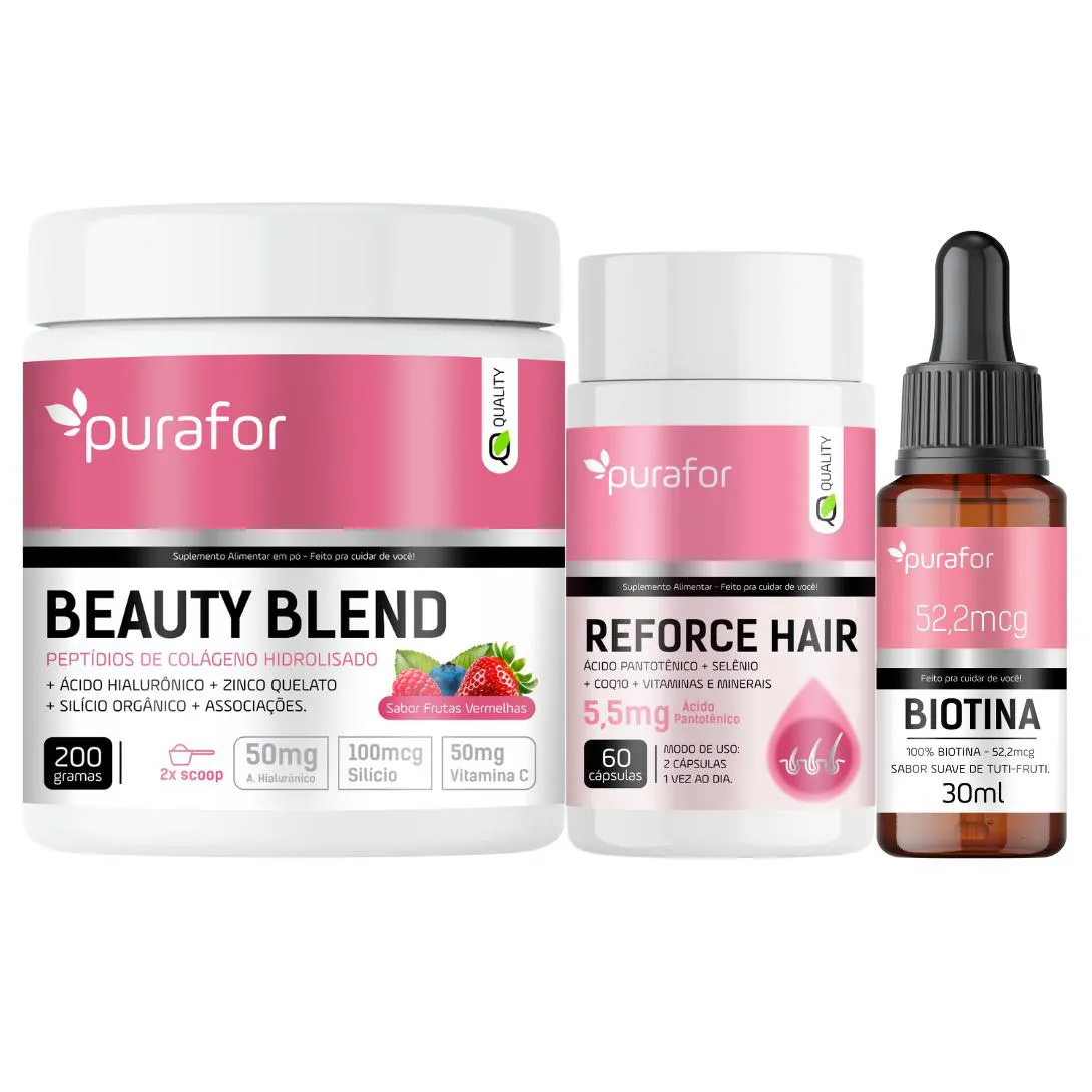 COMBO SAÚDE E BELEZA - REFORCE HAIR + COLÁGENO HIDROLISADO + BIOTINA PURAFOR QUALITY