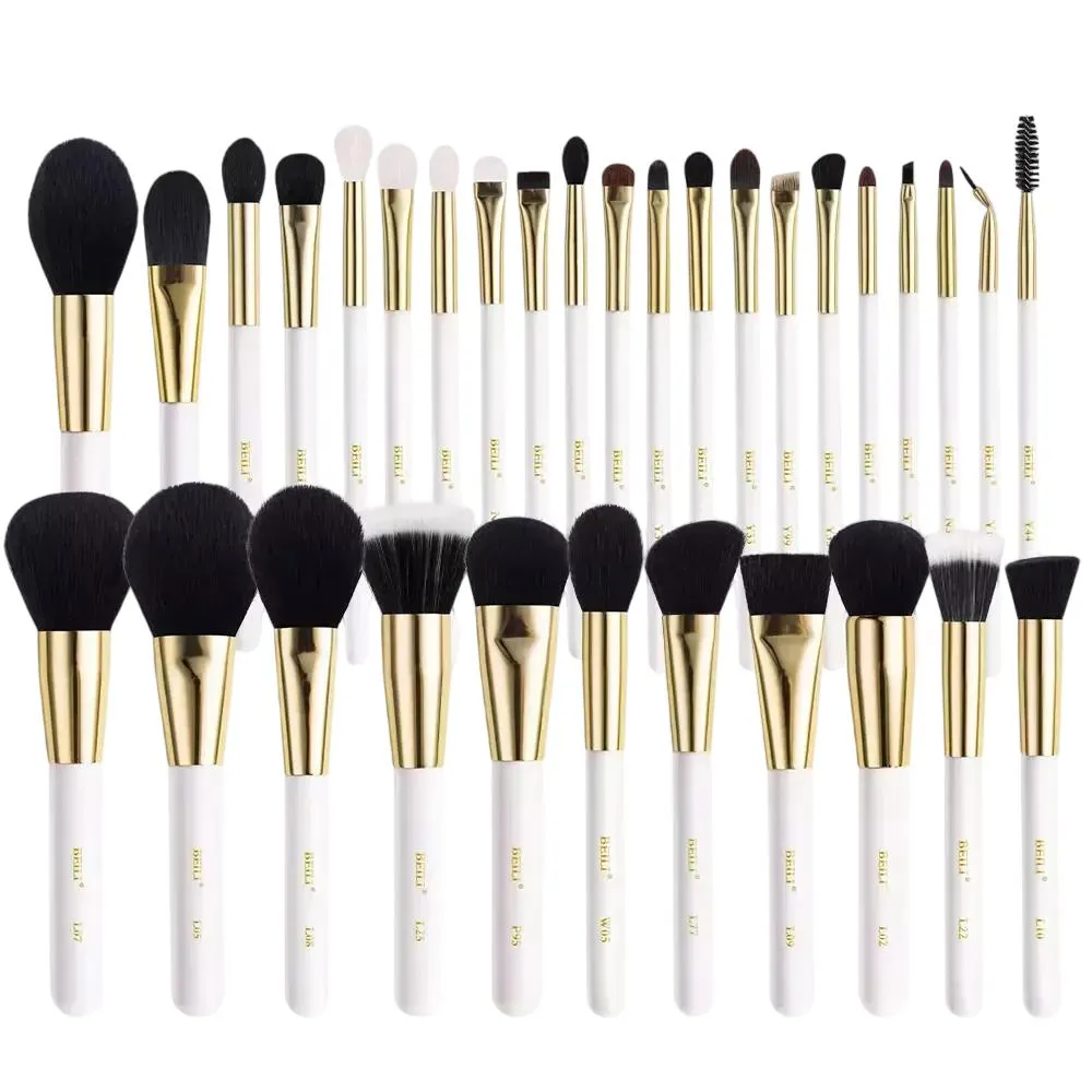 KIT BEILI PINCéIS MAQUIAGEM BRANCO E OURO - CERDAS NATURAL WB5 Peças COM Bolsa