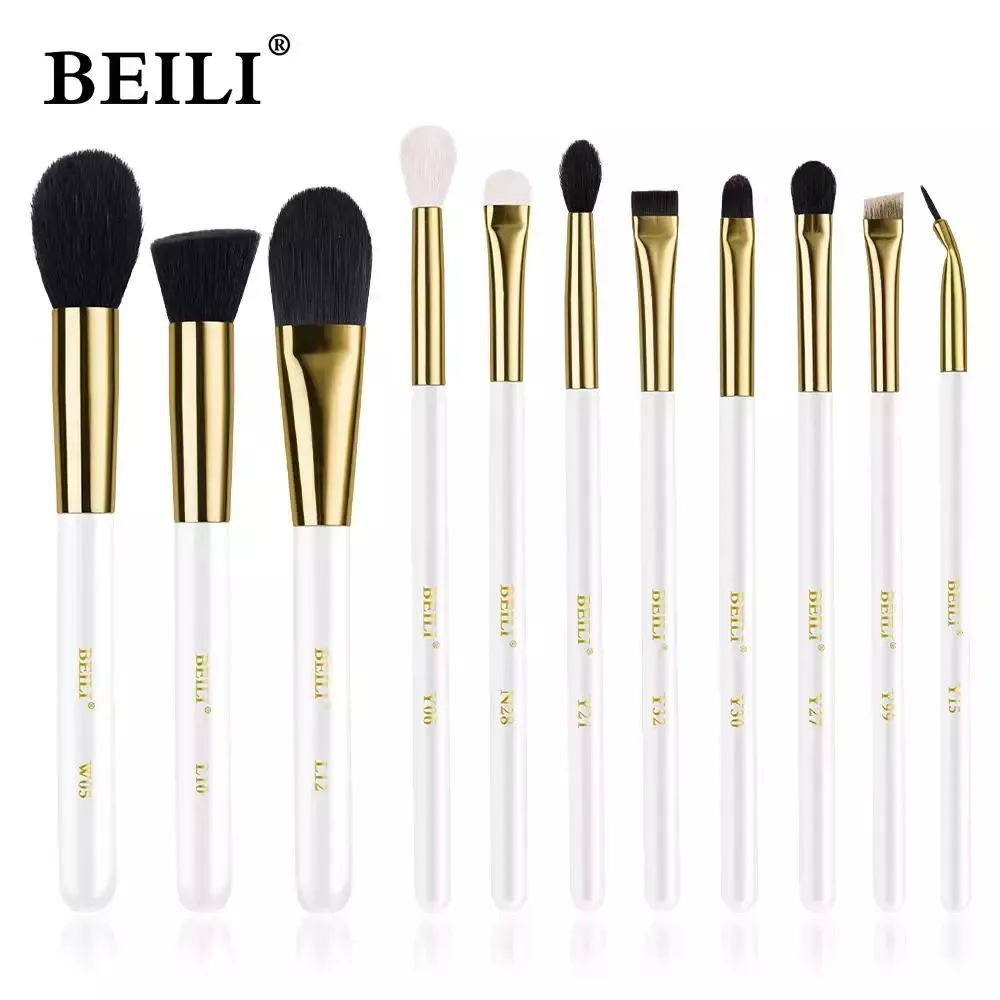 KIT BEILI PINCéIS MAQUIAGEM BRANCO E OURO - CERDAS NATURAL Wb11 Peças