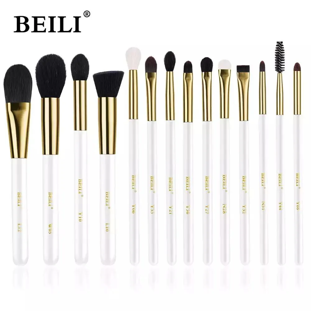 KIT BEILI PINCéIS MAQUIAGEM BRANCO E OURO - CERDAS NATURAL Wb14 Peças