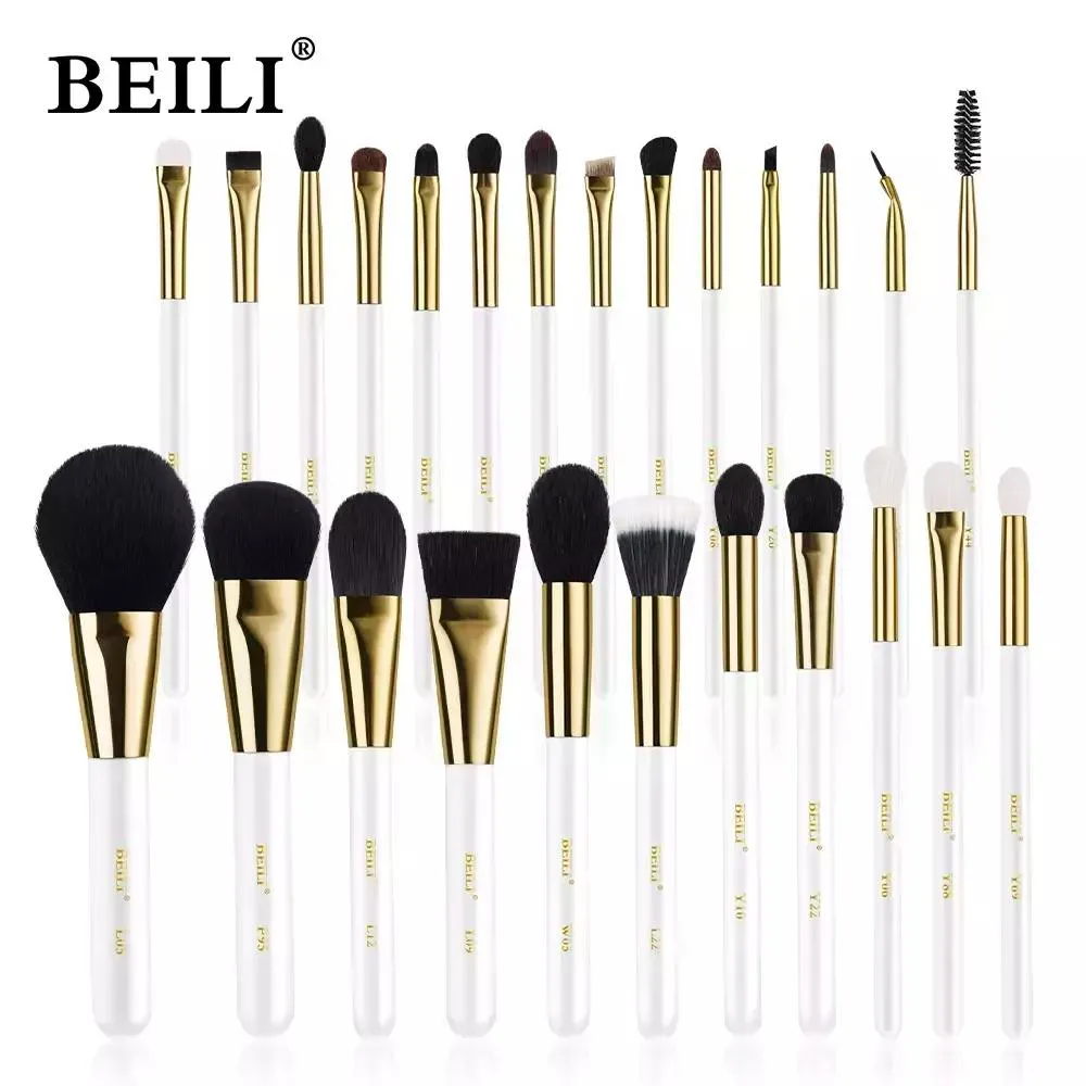 KIT BEILI PINCéIS MAQUIAGEM BRANCO E OURO - CERDAS NATURAL Wb25 Peças