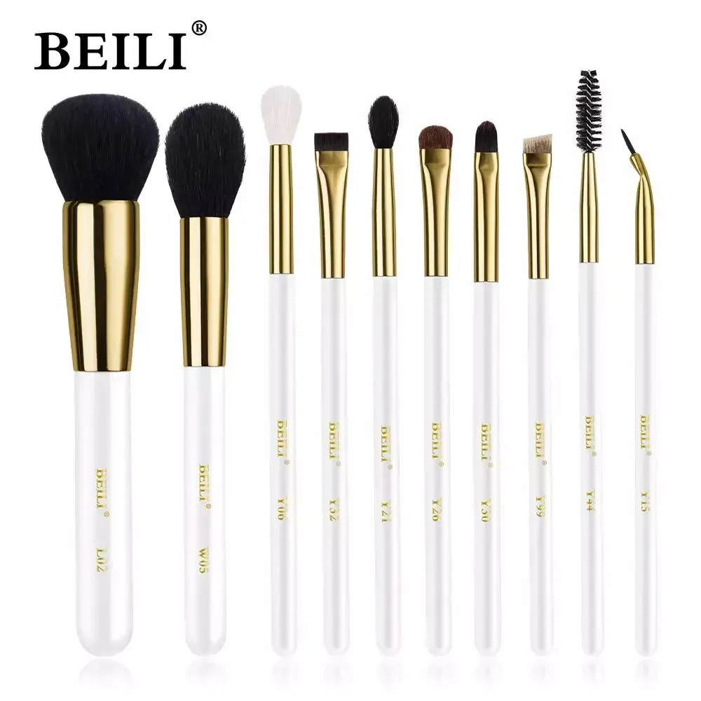 KIT BEILI PINCéIS MAQUIAGEM BRANCO E OURO - CERDAS NATURAL Wb10 Peças