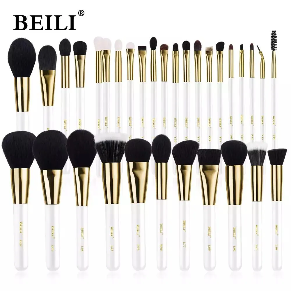 KIT BEILI PINCéIS MAQUIAGEM BRANCO E OURO - CERDAS NATURAL Wb32 Peças
