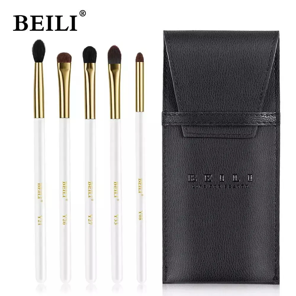 KIT BEILI PINCéIS MAQUIAGEM BRANCO E OURO - CERDAS NATURAL WB5 Peças COM Bolsa
