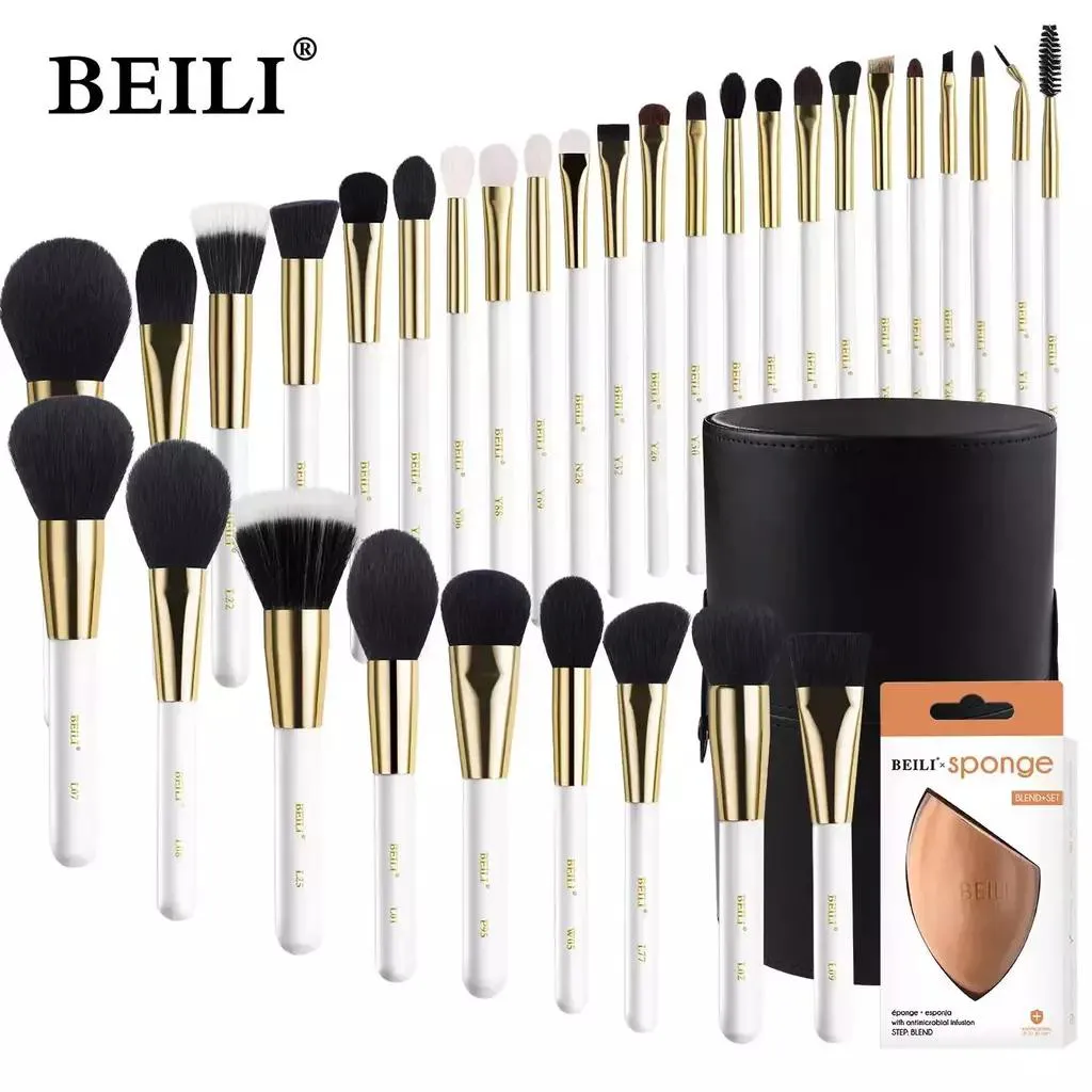 KIT BEILI PINCéIS MAQUIAGEM BRANCO E OURO - CERDAS NATURAL Wb32ts