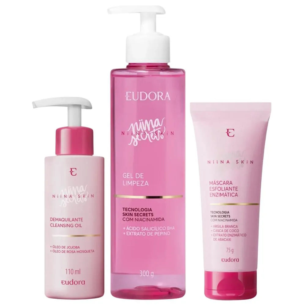 KIT SKINCARE NIINA SECRETS SKIN GEL DE LIMPEZA 300ML+ MáSCARA ESFOLIANTE ENZIMáTICA 75G+ DEMAQUILANTE CLEANSING OIL 110M