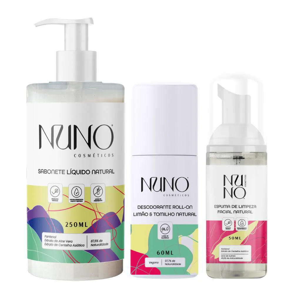 KIT NUNO NATURAL E NUTRITIVO SABONETE LíQUIDO, DESODORANTE E ESPUMA DE LIMPEZA FACIAL