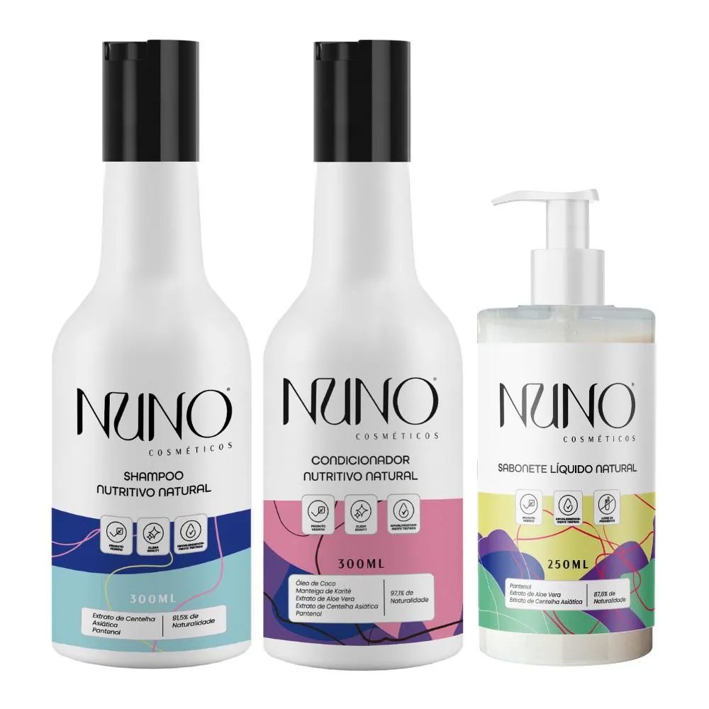 KIT DE BANHO NUNO NATURAL E NUTRITIVO SHAMPOO, CONDICIONADOR E SABONETE LíQUIDO