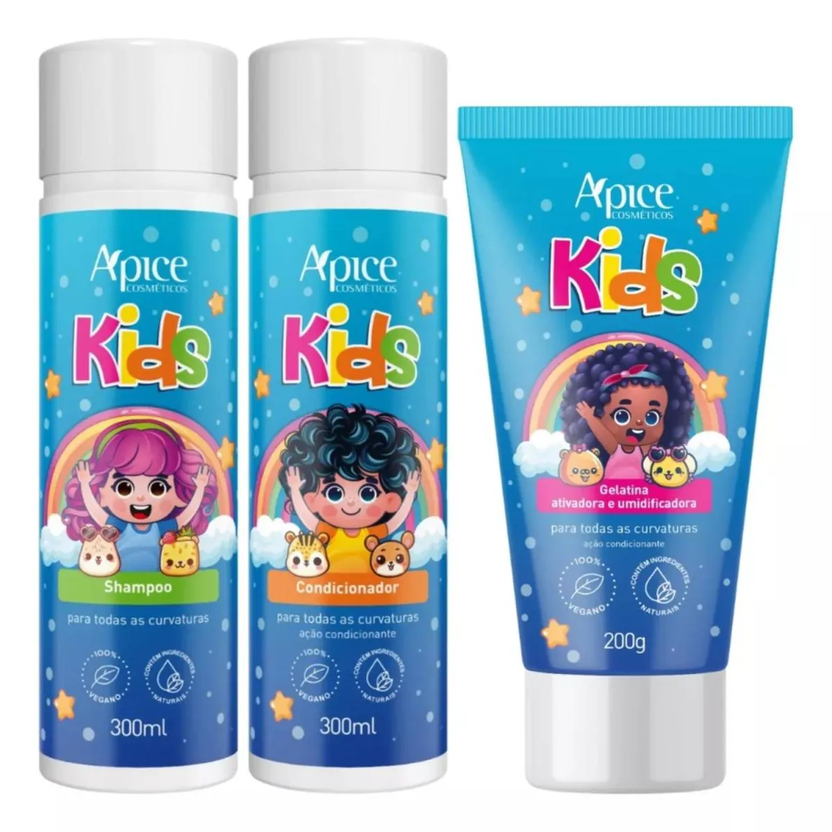 APICE KIT KIDS LINHA INFANTIL CAPILAR SHAMPOO CONDICIONADOR GELATINA ATIVADORA