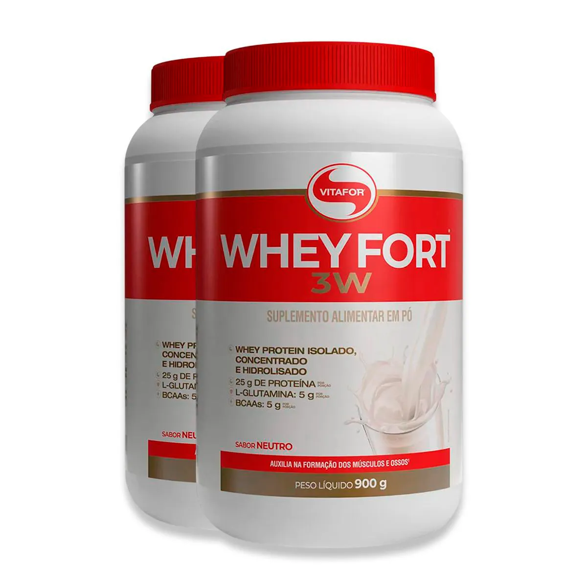 Kit 2 Whey Fort 3W Neutro Vitafor 900g